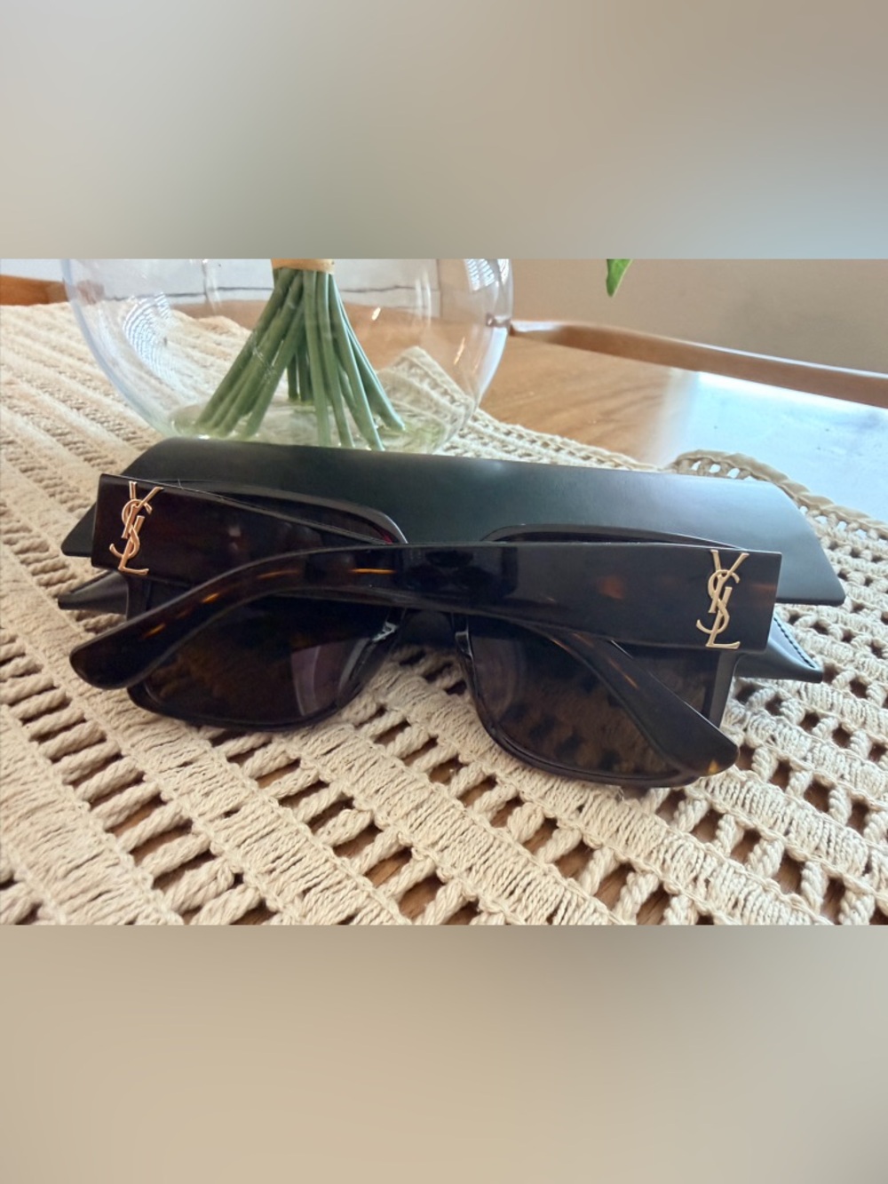 Saint Laurent Tortoiseshell Brown Square Sunglasses with Gold YSL Logo - Picture 9 of 12